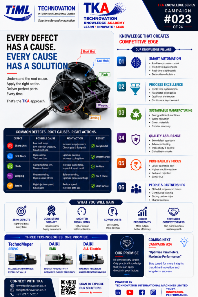 The core theme focuses on root-cause troubleshooting, quality assurance, and eliminating common molding defects in plastic injection operations.